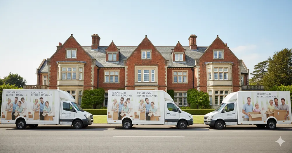 Three removals vans lined up outside a large house
